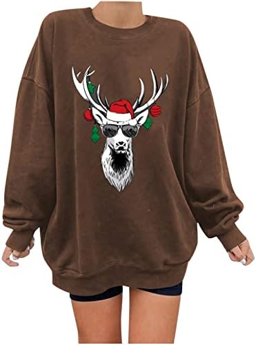 Moletom de Natal para mulheres feias de tamanho grande Elk Print Crewneck Camisetas casuais de manga longa