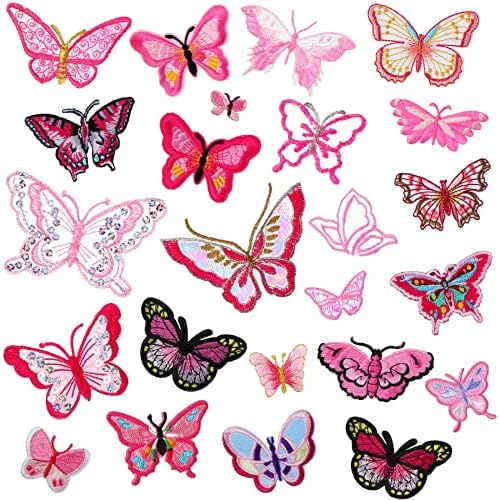 24 peças Ferro na borboleta Patches rosa Apliques de borboleta rosa Patches bordados costura de borboleta em remendo para o vestido de jeans com acessórios de DIY roupas de jeans