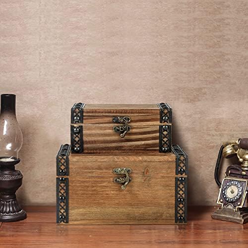 Xiaoaika Pequeno baú de tronco de madeira com fechadura, conjunto de 2 decoração da fazenda Caixa de armazenamento de madeira vintage, caixa de madeira maciça natural artesanal para artesanato hobbies de arte, 7,7 x 5,2 x 4,2