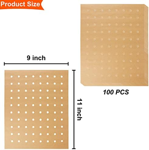 Liners de fritadeiras de ar, papel de pergaminho descartável para assar, 100 PCs 11 x 9 polegadas não branqueadas folhas de papel de pergaminho, papéis retangulares perfurados, acessórios de fritadeira de ar do HOFHTD NONVICK