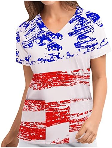 4 de julho Scrub Tops for Women American Independence Day Workworkwear USA Flag de impressão Tops de enfermagem com bolsos