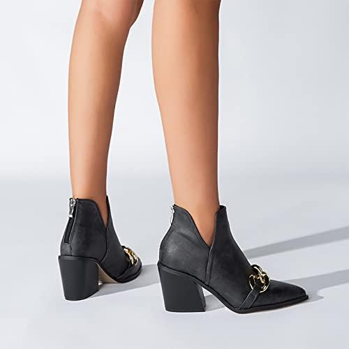 Botas para mulheres com calcanhar baixo Tornozelo V Boots de corte de corte inverno quente pilhada calcanhar robusto botas curtas Cadeia de ferro de cor sólida botas de salto grosso