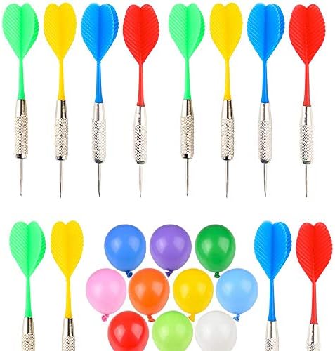 Jogos de dardo de balão, 12 PCs Multicolor Plastic Throwing Dart Arrows com 144 PCs 6 Dart Balloons Toy, vôos de plástico e pontas de cabeça de cobre pontudas de metal dardos