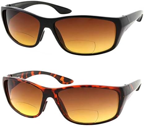 2 pares de sol Bifocal Sun Reader Sport e envolvem os óculos de sol Reading - Amber Tint ótimo para dirigir e pescar - homens e mulheres