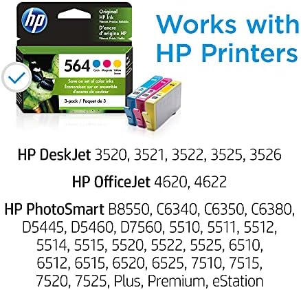 HP 564 ciano, magenta, tinta amarela | Trabalha com o DeskJet 3500; OfficeJet 4620; Photosmart B8550, C6300, D5400, D7560,