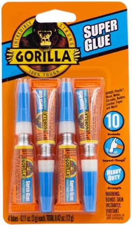 Gorilla Super Glue, quatro tubos de 3 gramas, Clear, e Super Glue Gel, 20 grama, Clear,