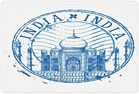 Tapete de estimação étnico lunarable para comida e água, Taj Mahal em emblema de fundo branco, como ilustração de tinta desenhada à mão, impressão, retângulo de borracha sem deslizamento para cães e gatos, azul e branco