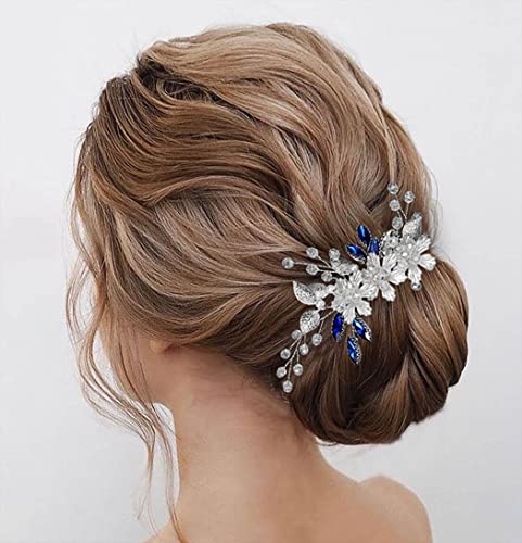 Jeairts azul shinestone Hair pente pente prateado flor de cabelo nupcial peças de casamento folhas Capace