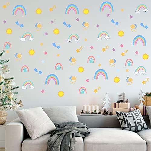 116 peças decalques de parede de arco -íris adesivo de parede de nuvem solar aquarela estrela estrela de arco -íris