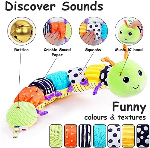Saotaeng Infant Baby Musical Atividade Animal Brinquedos macios, lagarta verde com amora multissensorial, chocalho e texturas,