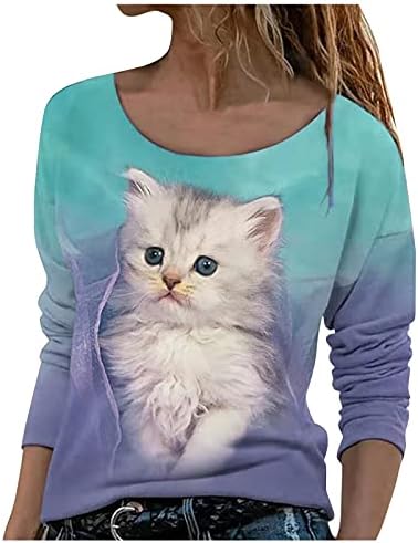 Kcjgikpok feminino gato fofo estampado camisa longa de manga longa moda redonda pullover de moletom tampos casuais