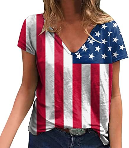 4 de julho Camisas para mulheres Casual Summer USA T-shirts S-shirts de manga curta V listras de pescoço tampe tampe-tes