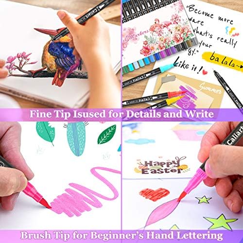 Caliart 34 Double Tip Brush Pens Art Marcadores, Artista Fine & Brush Pen Pen Marcadores para crianças Livros para colorir adultos