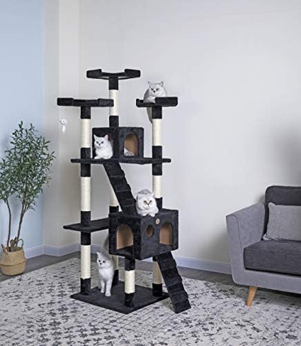 Go Pet Club 72 Premium Cat Tree Kitty Tower Kitten Condoming para gatos internos com postes de arranhões, condomínios, escadas, poleiros macios e móveis para gatos de brinquedo de brinquedo, preto
