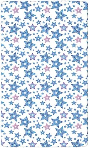 Mini-berço com tema de estrela, lençóis de berço portáteis folhas de berço macias e elásticas para meninas para meninos, 24 “x38”, azul cobalto e roxo