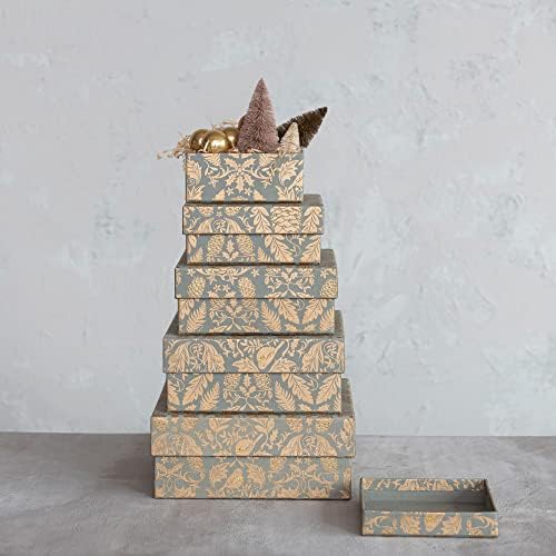 Cooperativo criativo Caixas de presente de papel reciclado artesanal com padrão de folhas, tinta e glitter metálico dourado, verde, conjunto de 5