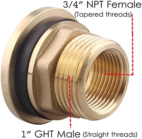 Acessório de antepara de bronze govalve - 3/4 ”NPT fêmea x 1” Conector de tanque de água masculina de linha masculina com 2 anéis de borracha para barris de tanque de torre de água