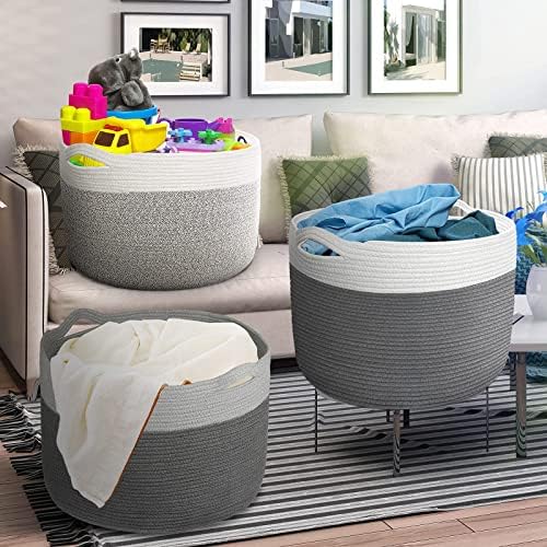 Xxxl cesta de lavanderia grande, cesta de corda de algodão grande para cobertor e brinquedos, cesta dobrável com alças embutidas