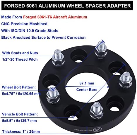 Vlaoschi preto forjado 5x5.5 a 5x4.5 Adaptadores de roda 1 polegada com pregos de 1/2 compatíveis com Dodge F-Ord 5 LUG 5x139.7