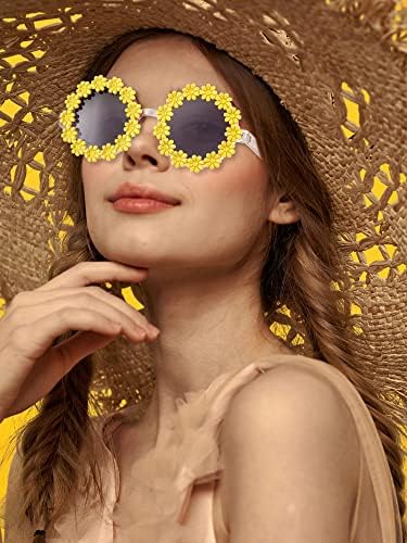 6 pacotes Retro Disco Festival Sunglasses Round Daisy Sunglasses para mulheres Novinhas hippie Óculos de sol Flower para acessórios de fantasia de festa, 6 cores