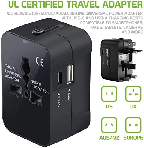 Viagem USB Plus International Power Adapter Compatível com Touch de assinatura da Vertu para poder mundial para 3 dispositivos USB TypeC, USB-A para viajar entre EUA/EU/AUS/NZ/UK/CN