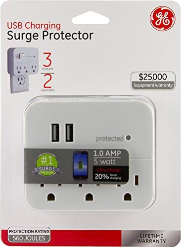 Protetor de onda de extensão de extensão GE 3 com 2 portas USB, estação de carregamento, torneira de parede, luz indicadora protegida, 3-prong, 560 joules, 1.0amp/5 watts, garantia, UL listada, branca, 14512