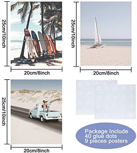 9 peças de parede de praia impressões de arte oceânica praia decoração de pôsteres temáticos náuticos adolescentes decoração