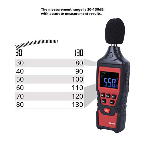 Testador de som, ST6824 Mini Testador de voz de nível de nível de som digital, com LCD Red Backlight Display, Ferramenta de medição do monitor de decibéis de ruído, faixa de medição de 30-130dB