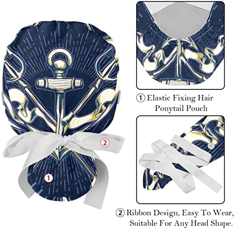 Capas médicas para mulheres com botões de cabelo comprido, tampa de trabalho ajustável de 2 peças, âncora náutica tridente