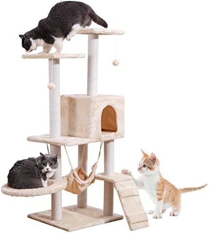 Chemailon Multi-Level Cat Tree Indoor, resistente Centro de Atividade de Torre de Cat Modern Cat, poleiro espaçoso com Sisal Scratching Post, Play House, cesta de redes e brinquedos pendurados
