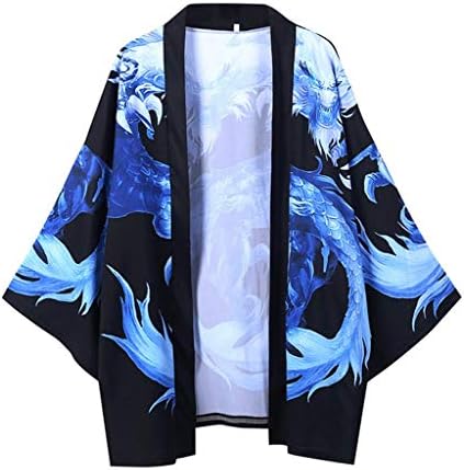 XXBR Japanese Kimono Cardigan para masculino Drapeado frontal de sete mangas ukiyoe dragão impressão leve casaco casual de