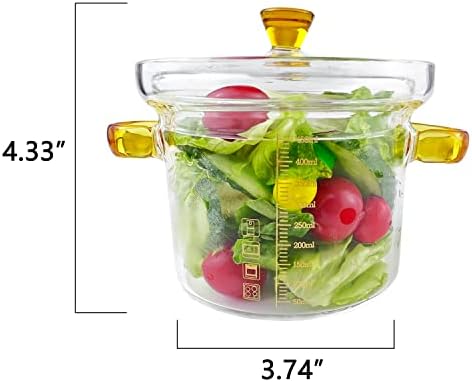 Deesung Glass Bowl com alças e tampa, 15 oz, com marcas de medição, vidro de borossilicato de alto grau de alimento, meça tigela,