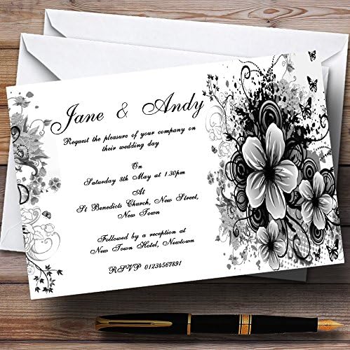 Convites de casamento personalizados de borboleta de flor branca preta branca