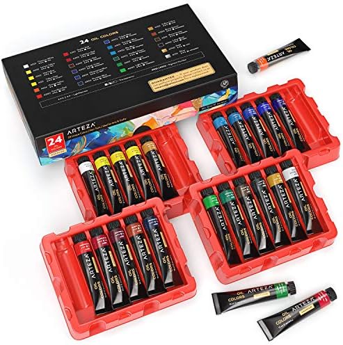 Conjunto de tinta a óleo Arteza, 24 cores, 12 ml, 0,4 tubos de tipos de floz dos EUA, pincéis de 12, conjunto de 12, pincéis de tinta de óleo sintético premium, materiais de arte de pintura para iniciantes e especialistas