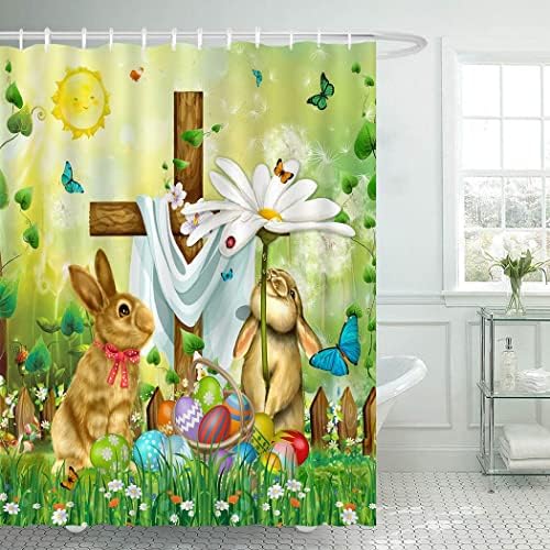 Cortina de chuveiro de Páscoa de Juirnost, na Páscoa, ele levantou a cortina de chuveiro para o banheiro Jesus é ressuscitada da cortina de chuveiro da primavera Christian The Cross na primavera com o tecido da cortina do banheiro de Bunnys 72 x 72