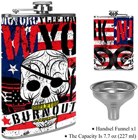 Balão de quadril para bebidas alcoólicas de aço inoxidável à prova de vazamento com funil 7,7 oz de couro Great Gift Idea Flask - American Flavel Skull Motorcycle Man