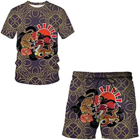 T-shirt masculino de terno esportivo + shorts sportswear 2 peças séries de totens de animal 3d impressão de cor sólida top de manga curta