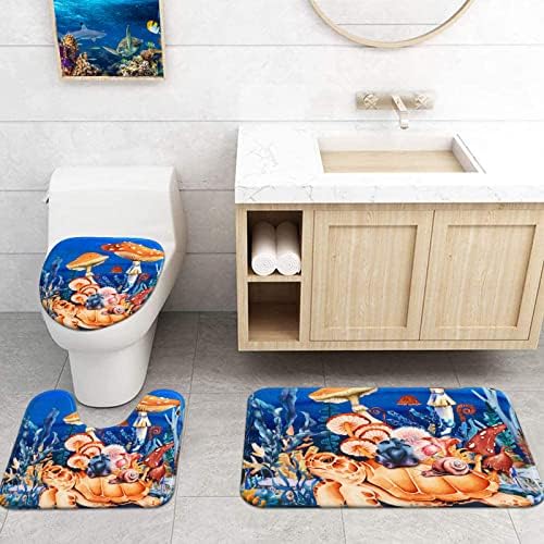 Alishomtll 4pcs cogumelos conjuntos de cortinas com tapete não deslizante, tampa da tampa do banheiro e tapete de banho, conjuntos