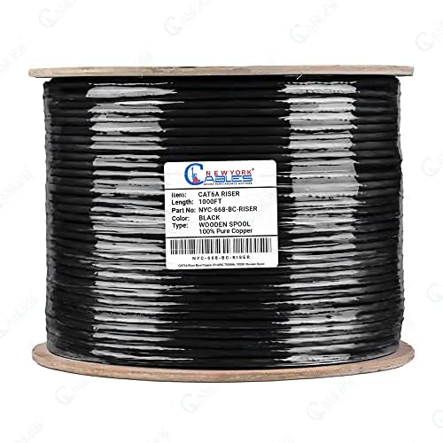 Cabos NewYork Cat6a Ethernet Cable 1000ft | Cabo Riser Cat6a Black Wire | Certificado de cobre puro sólido | 750MHz, 23AWG, UTP | 10 GB de largura de banda de alta velocidade