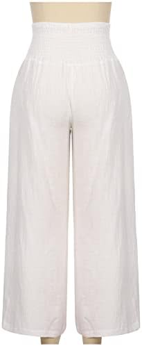 Mulheres calças de cintura alta Linho de algodão Palazzo calça de perna larga Cintura com calça longa de calça de calça longa cintura com bolso