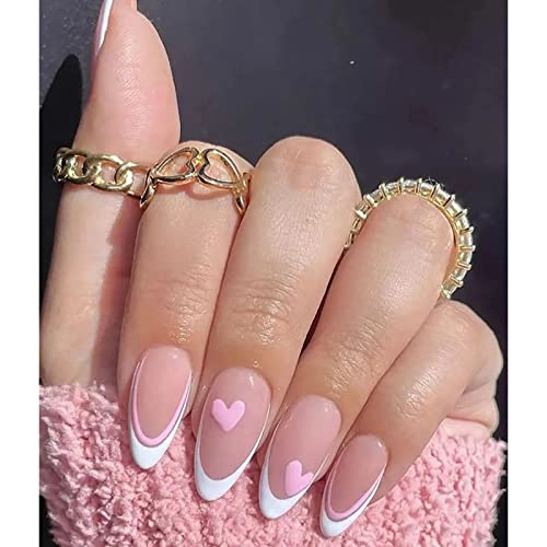 Ezpiece French Tip Almond Press em unhas curtas com design de coração, unhas ovais falsas com cola, cola de acrílico