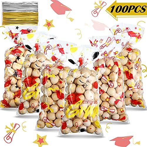 Sacos de tratamento de celofane de 100 peças, parabéns graduados bolsas de doce biscoitos apresenta sacolas de plástico
