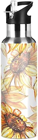 Alaza simples garrafa de água da flor amarela com palha de palha isolada de aço inoxidável Thermo Flask Bottle 32oz