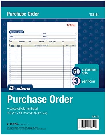 Livro de pedidos de compra de Adams, 8,38 x 10,69 polegadas, 3 partes, sem carbono, 50 conjuntos, branco, canário e rosa