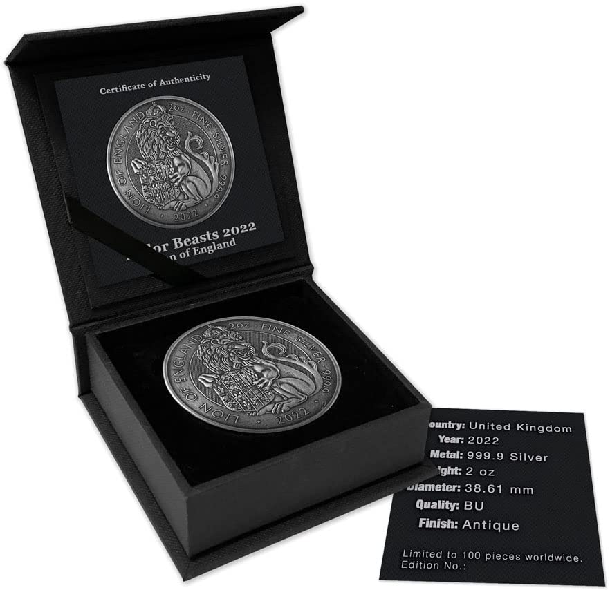 2022 de moderno comemorativo Powercoin Lion of England Tudor Beasts Antique 2 oz de moeda de prata 5 £ Reino Unido 2022 acabamento antigo