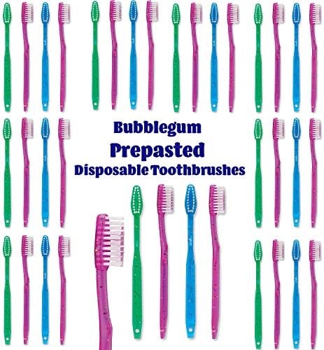 144 Pacote de escovas de dentes descartáveis ​​com pasta | Sabor de Bubblegum pré-colado para crianças e embrulhado individualmente | Perfeito para a escola, acampamento, férias de verão, creche