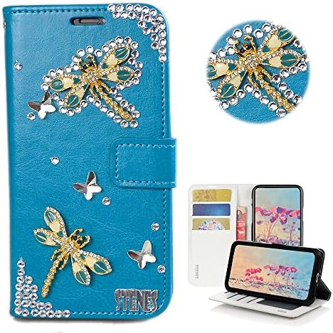 Caixa de borda de Stenes Galaxy S7 - Elegante - 3D Bling Bling Crystal Dragonfly Butterfly Design Wallet Slots de cartão de crédito Dobra Tampa de couro para Samsung Galaxy S7 Edge - Azul