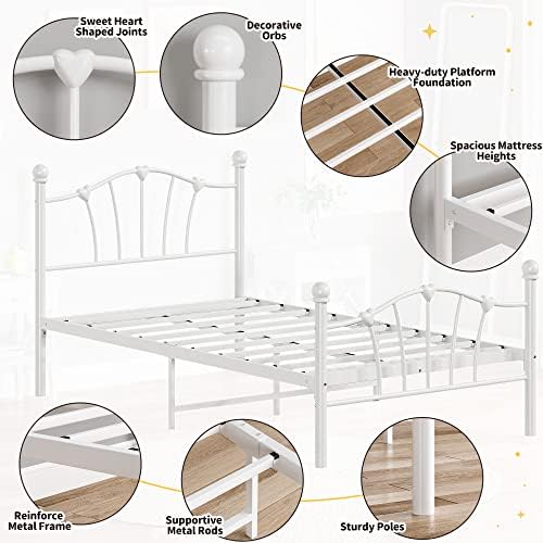 Amyove White Twin Metal Bed Frame com cabeceira em forma de coração e Footboard Solid Metal Platform Mattress Foundation Foundation