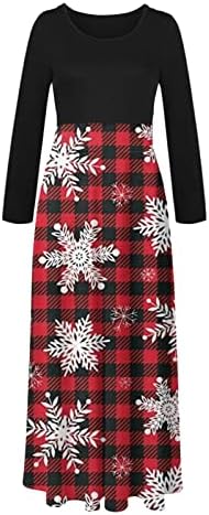 Mulheres xadrez maxi vestido de natal flácio de neve impressão impressa na cintura vestido longo vestidos casuais de manga longa