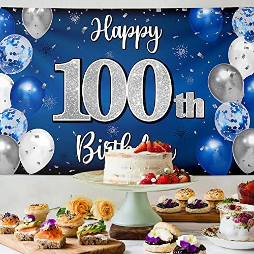 Nelbiirth Feliz 100º aniversário decorações, 100º Balão Azul e Prata Banner Banner Banner Cenário Sinal, 100º Besto de Festas de Festas.